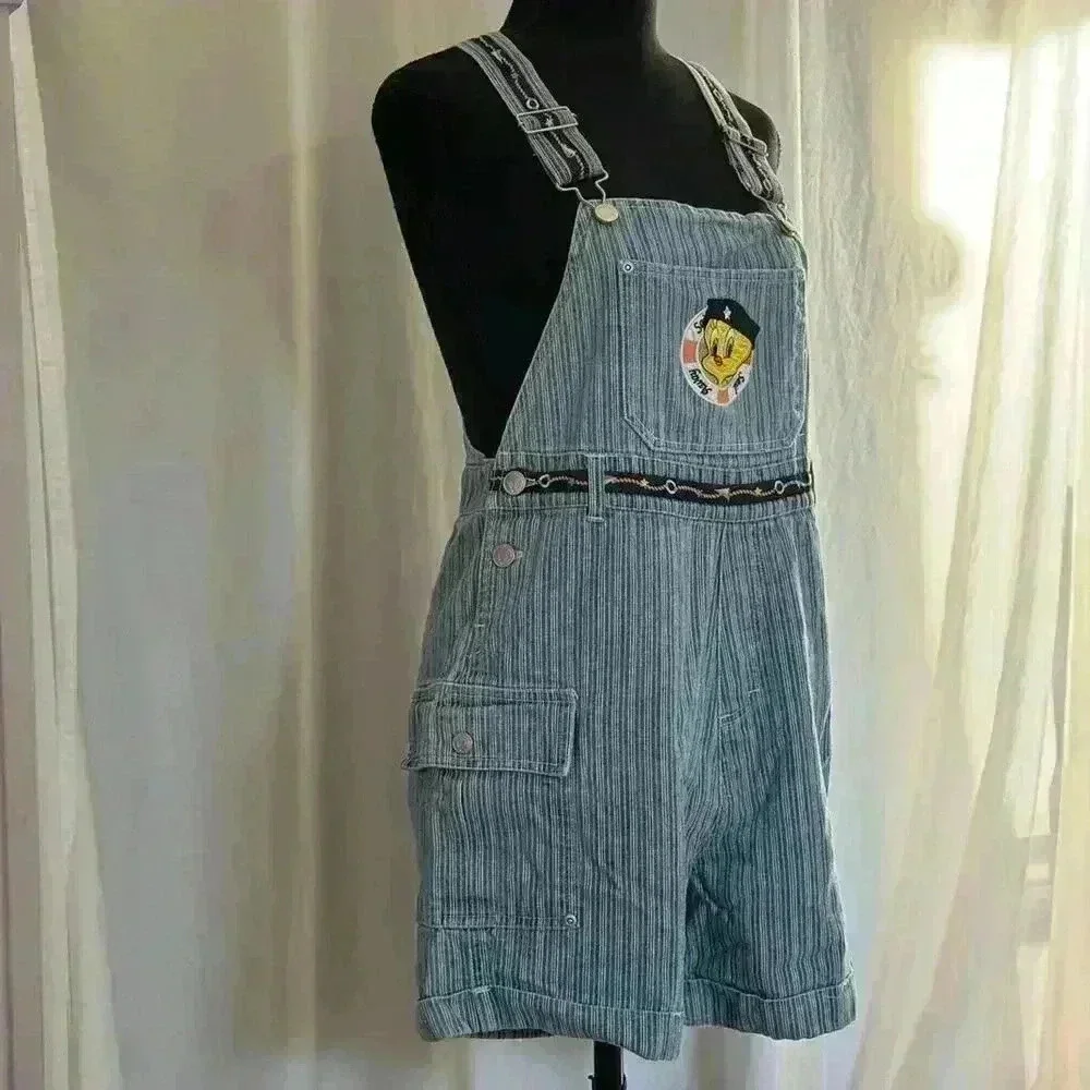 Vintage 90s‎ tweety bird overalls youth size 16 shorts stripes nautical kidcore